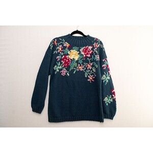 Woodstock intnl by Bernard hand knitted blue floral sweater L womens cottage
